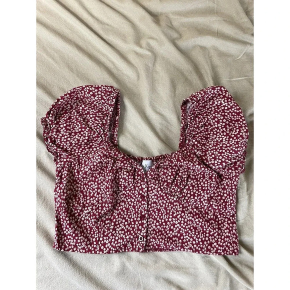 Princess Polly Red Floral‎ Laura Crop Top Button Up Puff Sleeve Shirt - Picture 5 of 7